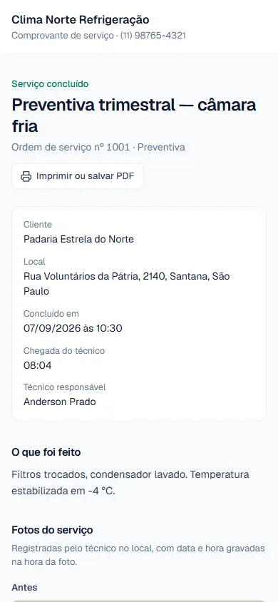 Comprovante do serviço pronto para o cliente