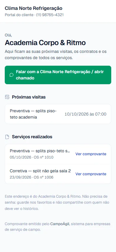 Portal do cliente com visitas e comprovantes