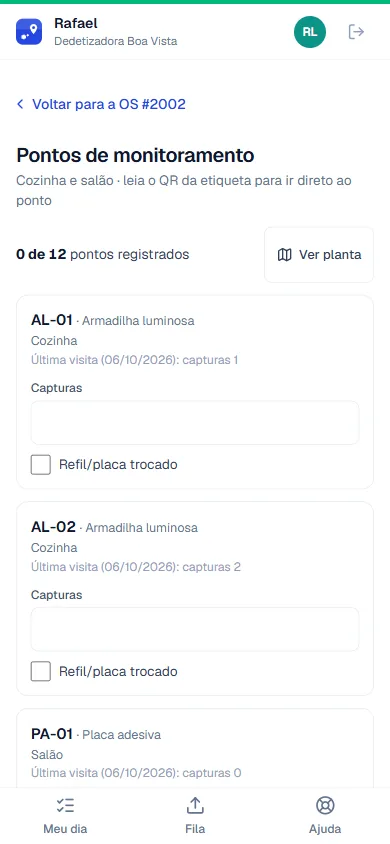 Pontos de isca no celular do técnico, com consumo e capturas por ponto